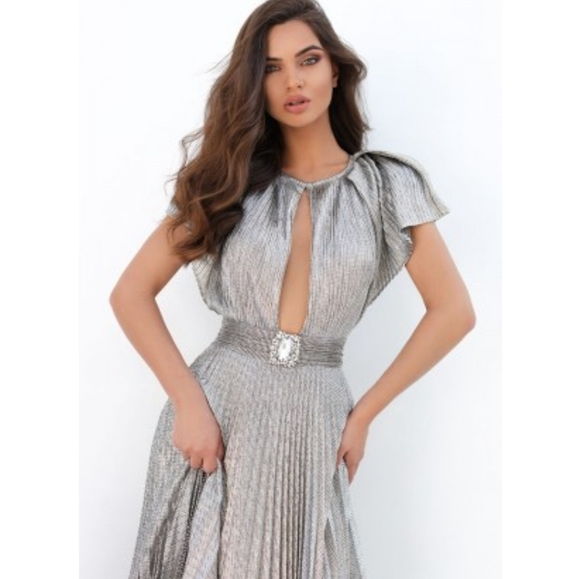 Tarik Ediz metallic gunmetal silver belted pleated dress gown black tie 8 - Picture 4 of 8